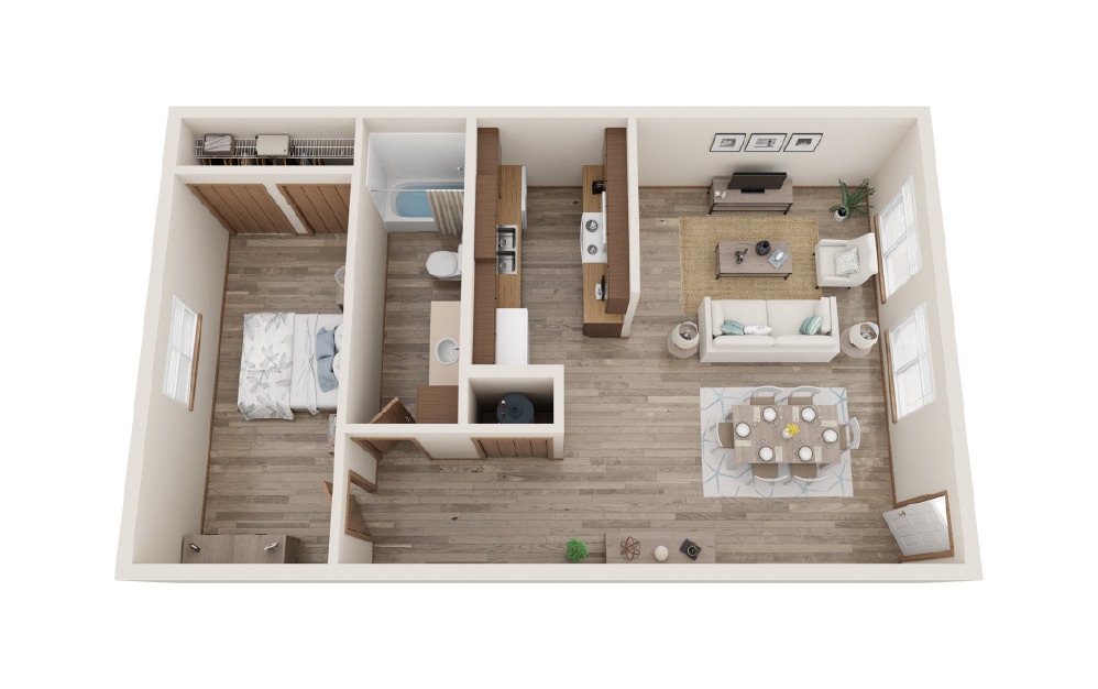 1x1 - 1 bedroom floorplan layout with 1 bath and 650 to 704 square feet.